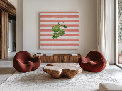 Summer in Stripes II by Yvette St. Amant. Shown as extra-large giant wall art in a modern living room. Available as an archival giclee rolled canvas, fine art paper, or poster print. SKU 96190a.