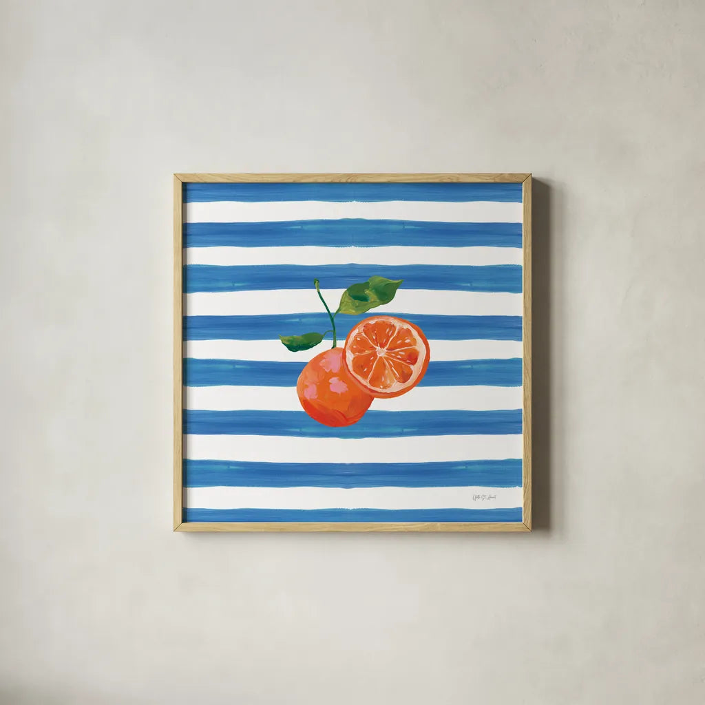 Summer in Stripes III by Yvette St. Amant. Shown in a natural wood glass frame for a timeless modern aesthetic. Available as an archival giclee rolled canvas, fine art paper, or poster print. SKU 96191a.