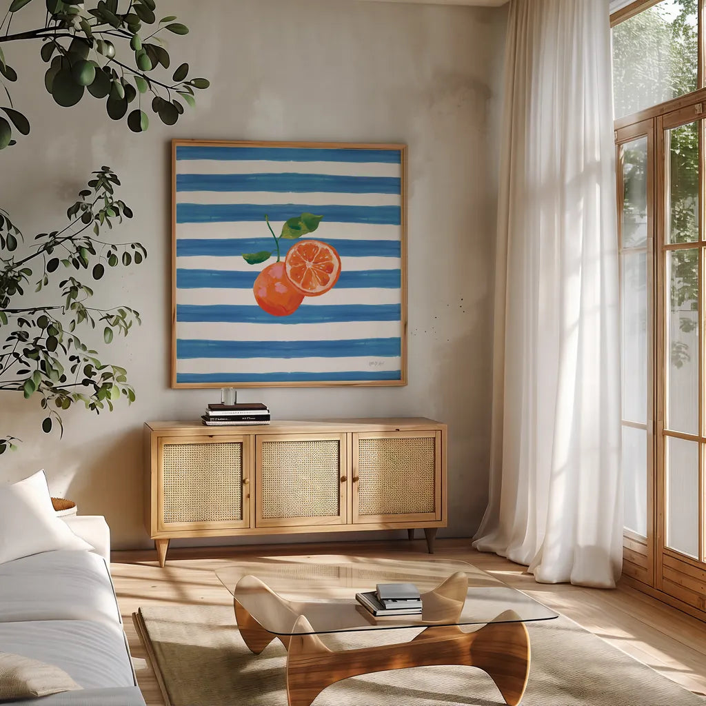 Summer in Stripes III by Yvette St. Amant. Shown in a natural wood frame in a cozy modern living room. Available as an archival giclee rolled canvas, fine art paper, or poster print. SKU 96191a.