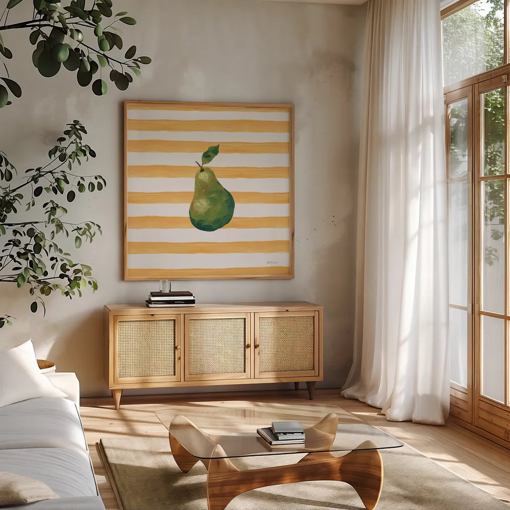 Summer in Stripes IV by Yvette St. Amant. Shown in a natural wood frame in a cozy modern living room. Available as an archival giclee rolled canvas, fine art paper, or poster print. SKU 96192a.