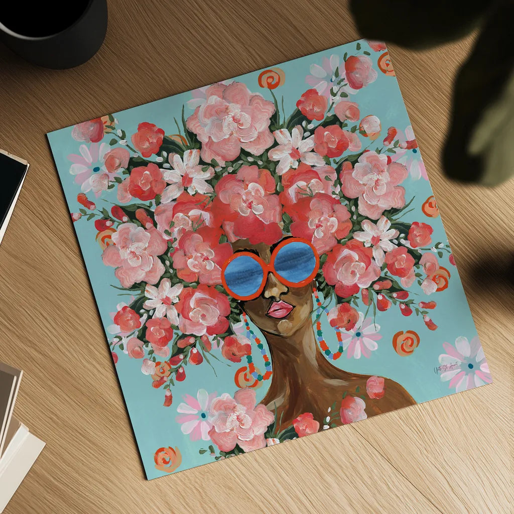 Sunning in Florals I by Yvette St. Amant. Shown as a detailed flat fine art print, highlighting archival giclee quality. Available as an archival giclee rolled canvas, fine art paper, or poster print. SKU 96179a.