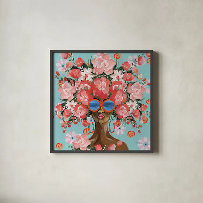 Sunning in Florals I by Yvette St. Amant. Shown in a sleek black glass frame for a contemporary gallery look. Available as an archival giclee rolled canvas, fine art paper, or poster print. SKU 96179a.