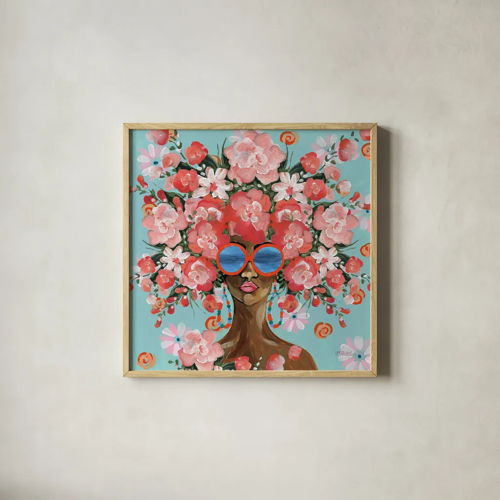 Sunning in Florals I by Yvette St. Amant. Shown in a natural wood glass frame for a timeless modern aesthetic. Available as an archival giclee rolled canvas, fine art paper, or poster print. SKU 96179a.