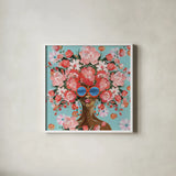 Sunning in Florals I by Yvette St. Amant. Shown in a crisp white glass frame for a clean and minimalist style. Available as an archival giclee rolled canvas, fine art paper, or poster print. SKU 96179a.