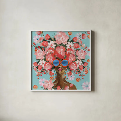 Sunning in Florals I by Yvette St. Amant. Shown in a crisp white glass frame for a clean and minimalist style. Available as an archival giclee rolled canvas, fine art paper, or poster print. SKU 96179a.