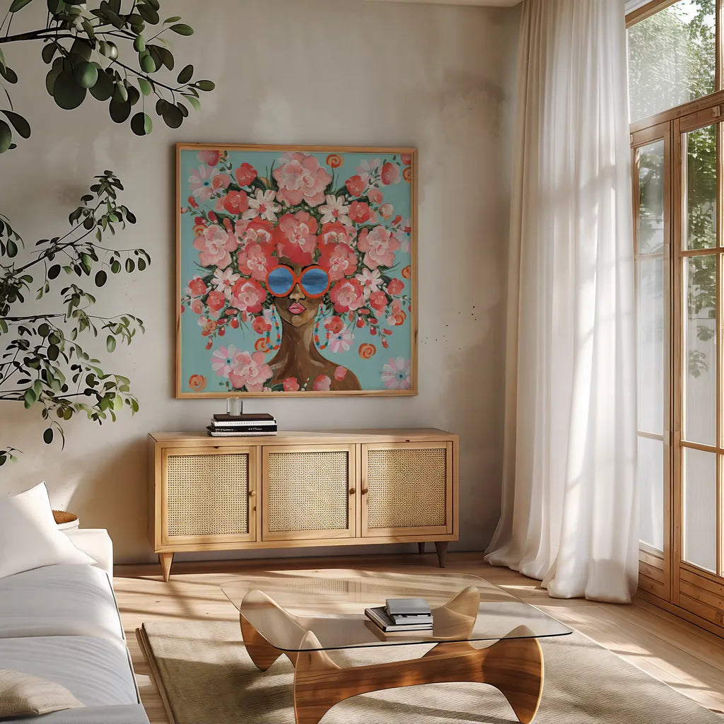 Sunning in Florals I by Yvette St. Amant. Shown in a natural wood frame in a cozy modern living room. Available as an archival giclee rolled canvas, fine art paper, or poster print. SKU 96179a.