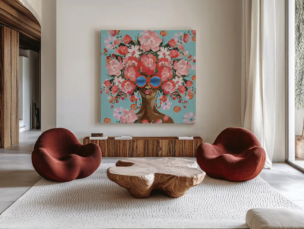 Sunning in Florals I by Yvette St. Amant. Shown as extra-large giant wall art in a modern living room. Available as an archival giclee rolled canvas, fine art paper, or poster print. SKU 96179a.