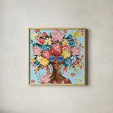 Sunning in Florals I v2 by Yvette St. Amant. Shown in a natural wood glass frame for a timeless modern aesthetic. Available as an archival giclee rolled canvas, fine art paper, or poster print. SKU 97443a.