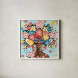 Sunning in Florals I v2 by Yvette St. Amant. Shown in a crisp white glass frame for a clean and minimalist style. Available as an archival giclee rolled canvas, fine art paper, or poster print. SKU 97443a.