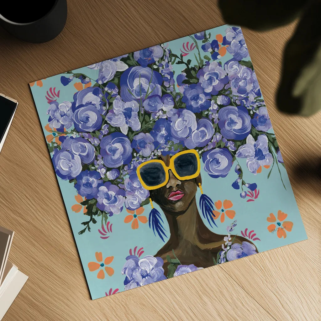 Sunning in Florals II by Yvette St. Amant. Shown as a detailed flat fine art print, highlighting archival giclee quality. Available as an archival giclee rolled canvas, fine art paper, or poster print. SKU 96180a.
