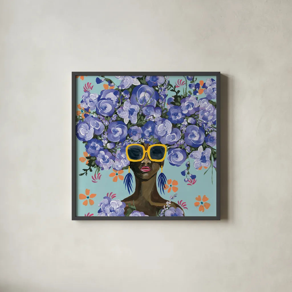 Sunning in Florals II by Yvette St. Amant. Shown in a sleek black glass frame for a contemporary gallery look. Available as an archival giclee rolled canvas, fine art paper, or poster print. SKU 96180a.