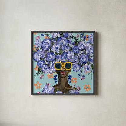 Sunning in Florals II by Yvette St. Amant. Shown in a sleek black glass frame for a contemporary gallery look. Available as an archival giclee rolled canvas, fine art paper, or poster print. SKU 96180a.
