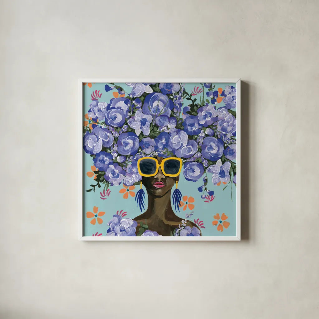 Sunning in Florals II by Yvette St. Amant. Shown in a crisp white glass frame for a clean and minimalist style. Available as an archival giclee rolled canvas, fine art paper, or poster print. SKU 96180a.