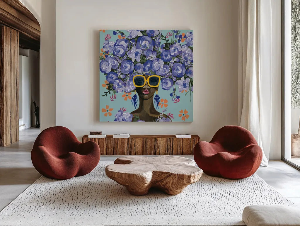Sunning in Florals II by Yvette St. Amant. Shown as extra-large giant wall art in a modern living room. Available as an archival giclee rolled canvas, fine art paper, or poster print. SKU 96180a.