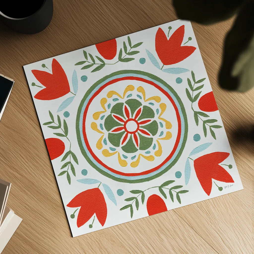 Tex Mex Mandala Tile I by Yvette St. Amant. Shown as a detailed flat fine art print, highlighting archival giclee quality. Available as an archival giclee rolled canvas, fine art paper, or poster print. SKU 101167a.