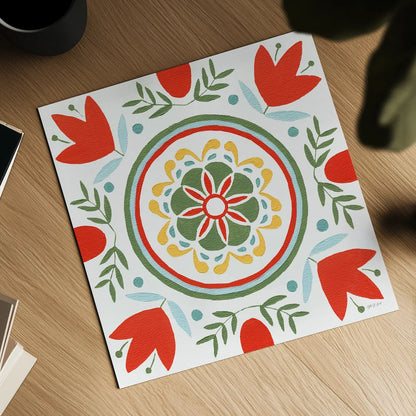 Tex Mex Mandala Tile I by Yvette St. Amant. Shown as a detailed flat fine art print, highlighting archival giclee quality. Available as an archival giclee rolled canvas, fine art paper, or poster print. SKU 101167a.