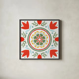 Tex Mex Mandala Tile I by Yvette St. Amant. Shown in a sleek black glass frame for a contemporary gallery look. Available as an archival giclee rolled canvas, fine art paper, or poster print. SKU 101167a.