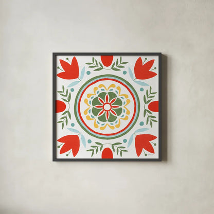 Tex Mex Mandala Tile I by Yvette St. Amant. Shown in a sleek black glass frame for a contemporary gallery look. Available as an archival giclee rolled canvas, fine art paper, or poster print. SKU 101167a.