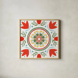 Tex Mex Mandala Tile I by Yvette St. Amant. Shown in a natural wood glass frame for a timeless modern aesthetic. Available as an archival giclee rolled canvas, fine art paper, or poster print. SKU 101167a.