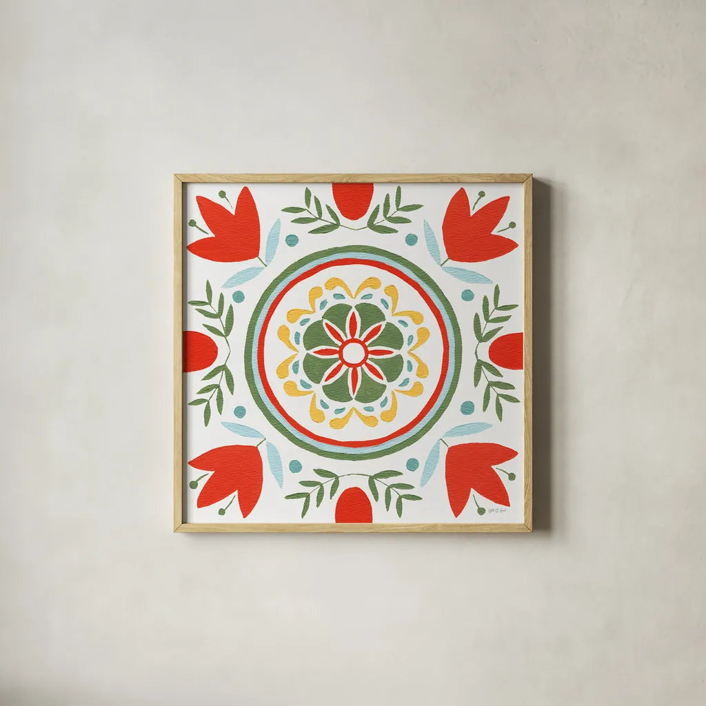 Tex Mex Mandala Tile I by Yvette St. Amant. Shown in a natural wood glass frame for a timeless modern aesthetic. Available as an archival giclee rolled canvas, fine art paper, or poster print. SKU 101167a.