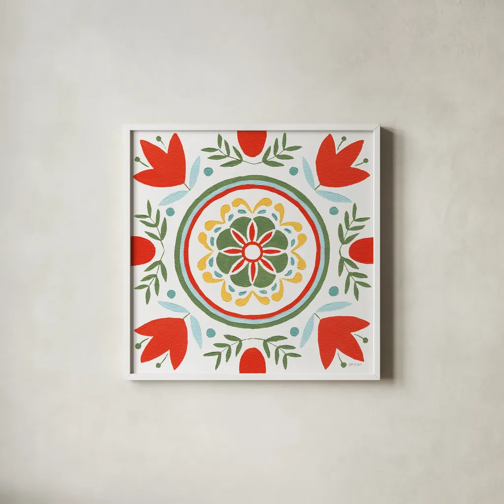 Tex Mex Mandala Tile I by Yvette St. Amant. Shown in a crisp white glass frame for a clean and minimalist style. Available as an archival giclee rolled canvas, fine art paper, or poster print. SKU 101167a.