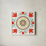 Tex Mex Mandala Tile I by Yvette St. Amant. Shown in a crisp white glass frame for a clean and minimalist style. Available as an archival giclee rolled canvas, fine art paper, or poster print. SKU 101167a.