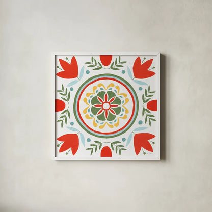 Tex Mex Mandala Tile I by Yvette St. Amant. Shown in a crisp white glass frame for a clean and minimalist style. Available as an archival giclee rolled canvas, fine art paper, or poster print. SKU 101167a.