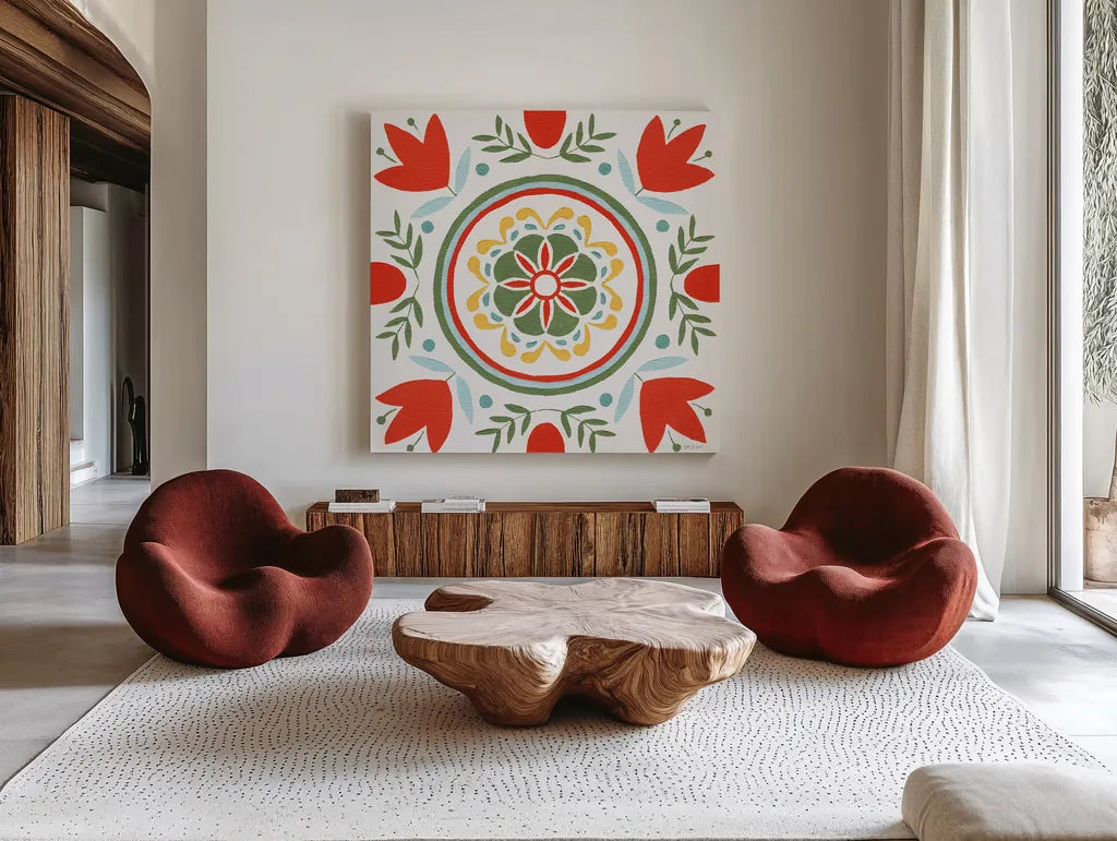 Tex Mex Mandala Tile I by Yvette St. Amant. Shown as extra-large giant wall art in a modern living room. Available as an archival giclee rolled canvas, fine art paper, or poster print. SKU 101167a.
