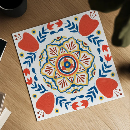 Tex Mex Mandala Tile II by Yvette St. Amant. Shown as a detailed flat fine art print, highlighting archival giclee quality. Available as an archival giclee rolled canvas, fine art paper, or poster print. SKU 101168a.
