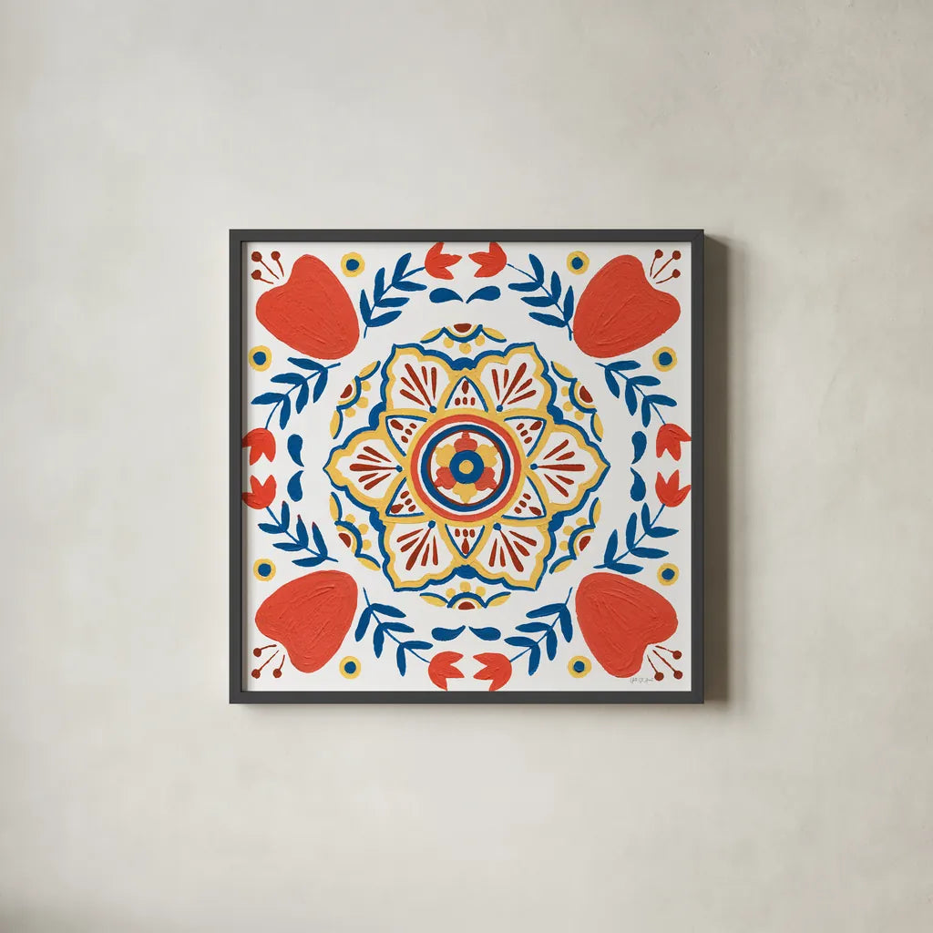 Tex Mex Mandala Tile II by Yvette St. Amant. Shown in a sleek black glass frame for a contemporary gallery look. Available as an archival giclee rolled canvas, fine art paper, or poster print. SKU 101168a.