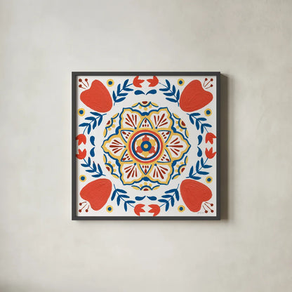 Tex Mex Mandala Tile II by Yvette St. Amant. Shown in a sleek black glass frame for a contemporary gallery look. Available as an archival giclee rolled canvas, fine art paper, or poster print. SKU 101168a.