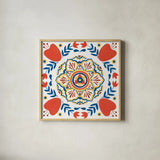 Tex Mex Mandala Tile II by Yvette St. Amant. Shown in a natural wood glass frame for a timeless modern aesthetic. Available as an archival giclee rolled canvas, fine art paper, or poster print. SKU 101168a.