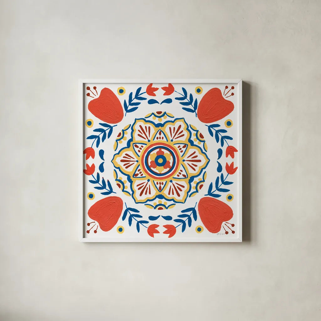 Tex Mex Mandala Tile II by Yvette St. Amant. Shown in a crisp white glass frame for a clean and minimalist style. Available as an archival giclee rolled canvas, fine art paper, or poster print. SKU 101168a.