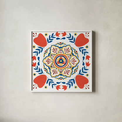Tex Mex Mandala Tile II by Yvette St. Amant. Shown in a crisp white glass frame for a clean and minimalist style. Available as an archival giclee rolled canvas, fine art paper, or poster print. SKU 101168a.