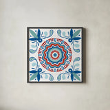Tex Mex Mandala Tile III by Yvette St. Amant. Shown in a sleek black glass frame for a contemporary gallery look. Available as an archival giclee rolled canvas, fine art paper, or poster print. SKU 101169a.