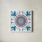 Tex Mex Mandala Tile III by Yvette St. Amant. Shown in a crisp white glass frame for a clean and minimalist style. Available as an archival giclee rolled canvas, fine art paper, or poster print. SKU 101169a.