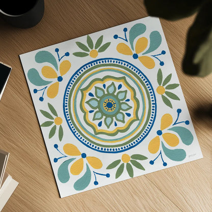 Tex Mex Mandala Tile IV by Yvette St. Amant. Shown as a detailed flat fine art print, highlighting archival giclee quality. Available as an archival giclee rolled canvas, fine art paper, or poster print. SKU 101170a.
