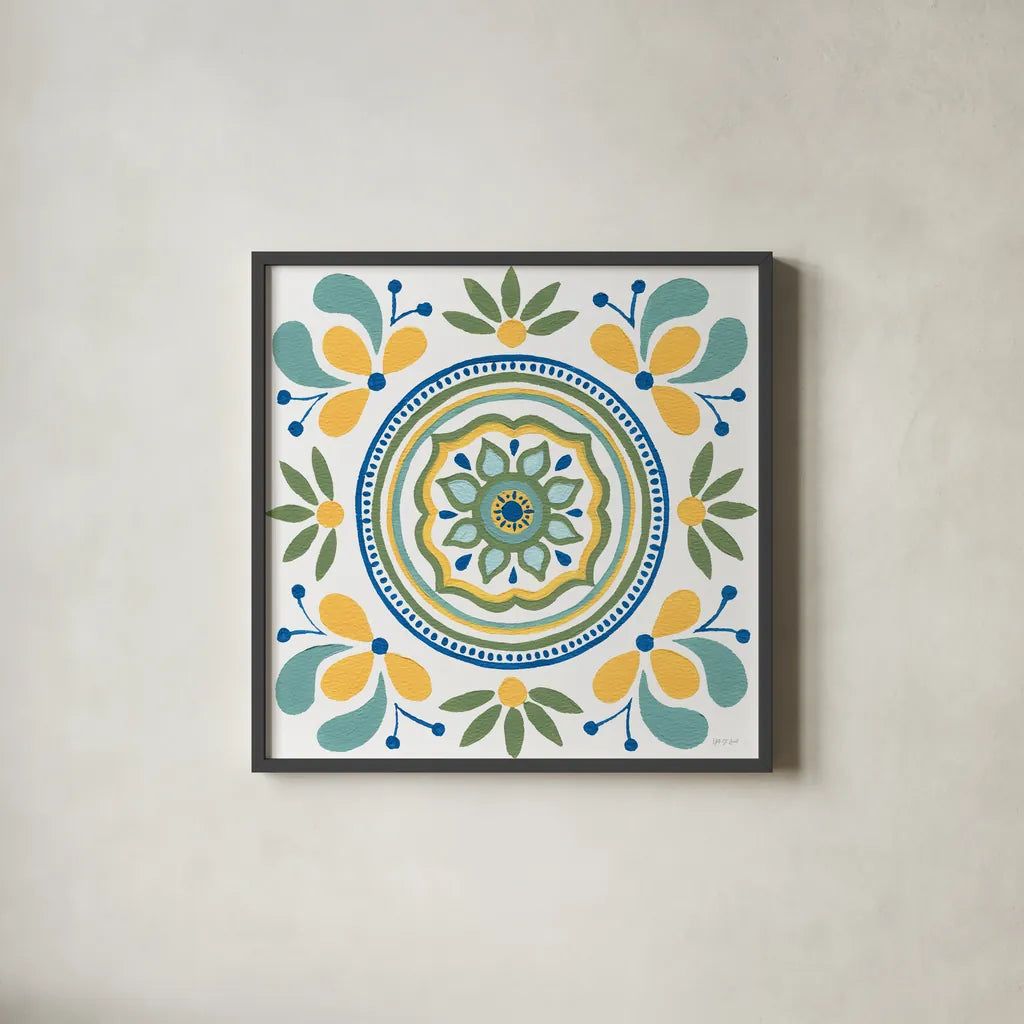 Tex Mex Mandala Tile IV by Yvette St. Amant. Shown in a sleek black glass frame for a contemporary gallery look. Available as an archival giclee rolled canvas, fine art paper, or poster print. SKU 101170a.