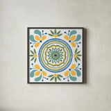 Tex Mex Mandala Tile IV by Yvette St. Amant. Shown in a sleek black glass frame for a contemporary gallery look. Available as an archival giclee rolled canvas, fine art paper, or poster print. SKU 101170a.