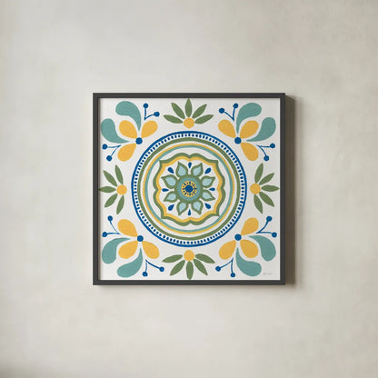 Tex Mex Mandala Tile IV by Yvette St. Amant. Shown in a sleek black glass frame for a contemporary gallery look. Available as an archival giclee rolled canvas, fine art paper, or poster print. SKU 101170a.