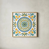 Tex Mex Mandala Tile IV by Yvette St. Amant. Shown in a natural wood glass frame for a timeless modern aesthetic. Available as an archival giclee rolled canvas, fine art paper, or poster print. SKU 101170a.