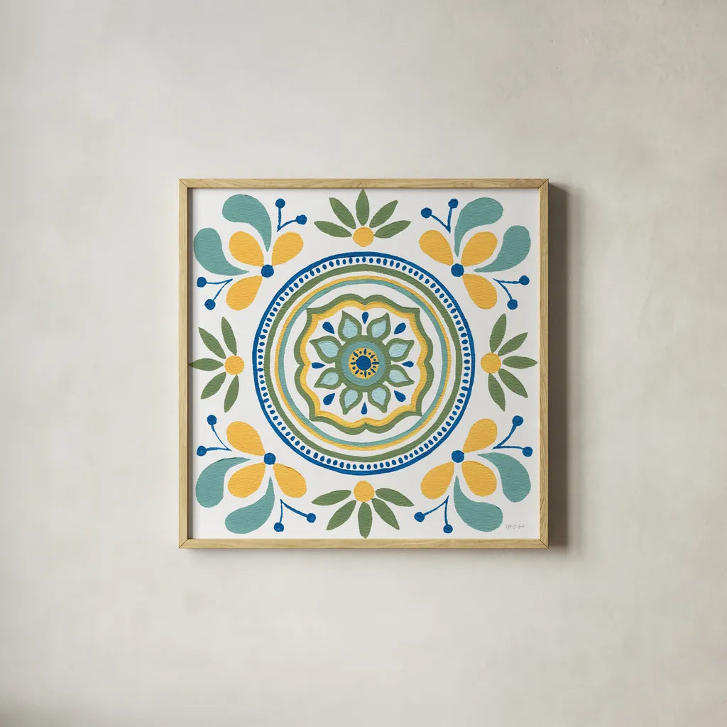 Tex Mex Mandala Tile IV by Yvette St. Amant. Shown in a natural wood glass frame for a timeless modern aesthetic. Available as an archival giclee rolled canvas, fine art paper, or poster print. SKU 101170a.