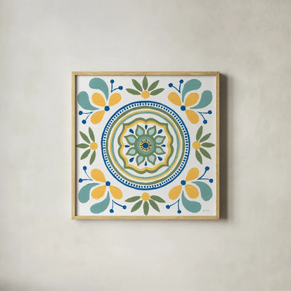 Tex Mex Mandala Tile IV by Yvette St. Amant. Shown in a natural wood glass frame for a timeless modern aesthetic. Available as an archival giclee rolled canvas, fine art paper, or poster print. SKU 101170a.
