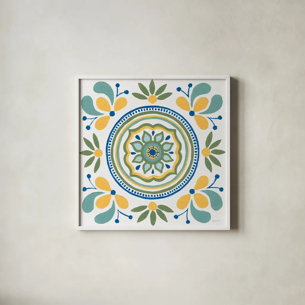 Tex Mex Mandala Tile IV by Yvette St. Amant. Shown in a crisp white glass frame for a clean and minimalist style. Available as an archival giclee rolled canvas, fine art paper, or poster print. SKU 101170a.