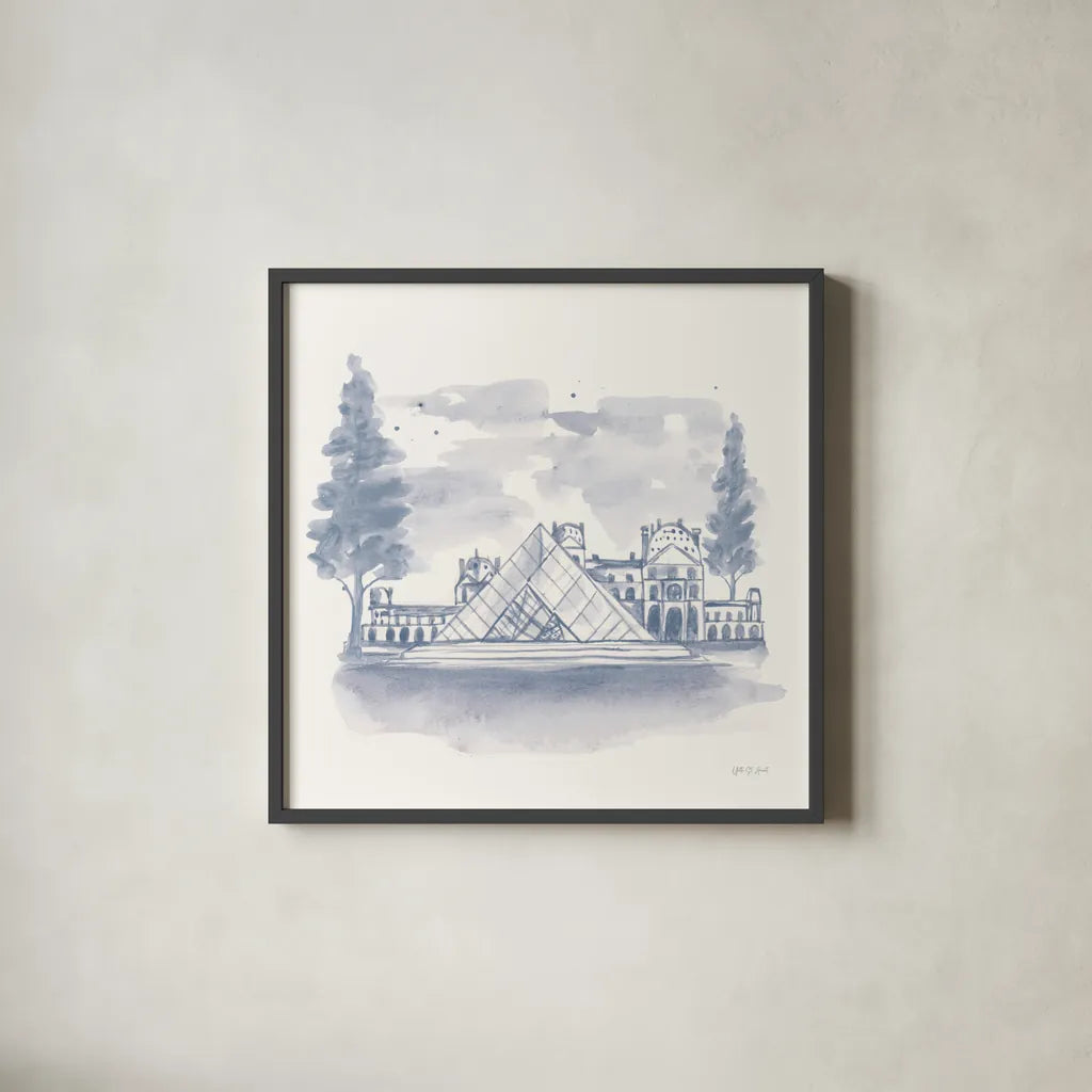 The Louvre by Yvette St. Amant. Shown in a sleek black glass frame for a contemporary gallery look. Available as an archival giclee rolled canvas, fine art paper, or poster print. SKU 94655a.