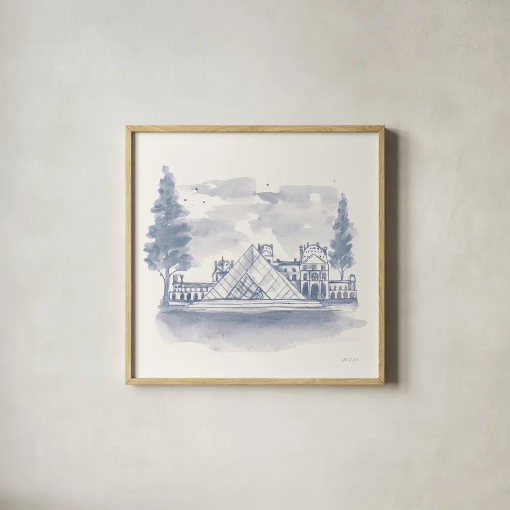 The Louvre by Yvette St. Amant. Shown in a natural wood glass frame for a timeless modern aesthetic. Available as an archival giclee rolled canvas, fine art paper, or poster print. SKU 94655a.