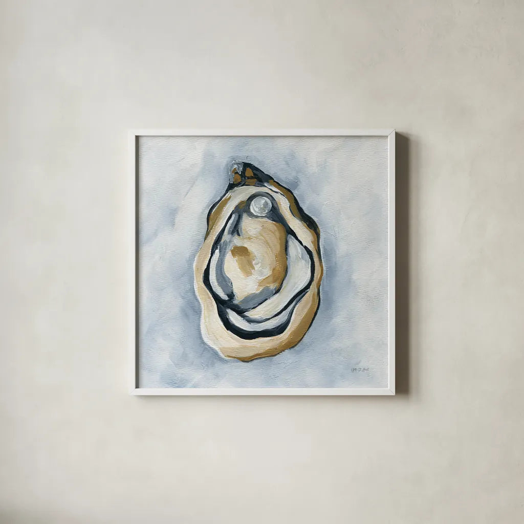 The World is Your Oyster I by Yvette St. Amant. Shown in a crisp white glass frame for a clean and minimalist style. Available as an archival giclee rolled canvas, fine art paper, or poster print. SKU 88202a.