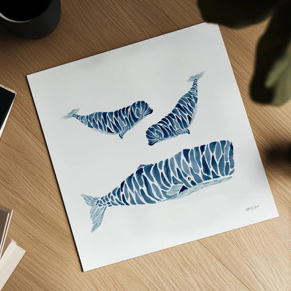 Three Whales by Yvette St. Amant. Shown as a detailed flat fine art print, highlighting archival giclee quality. Available as an archival giclee rolled canvas, fine art paper, or poster print. SKU 90118a.