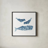 Three Whales by Yvette St. Amant. Shown in a sleek black glass frame for a contemporary gallery look. Available as an archival giclee rolled canvas, fine art paper, or poster print. SKU 90118a.