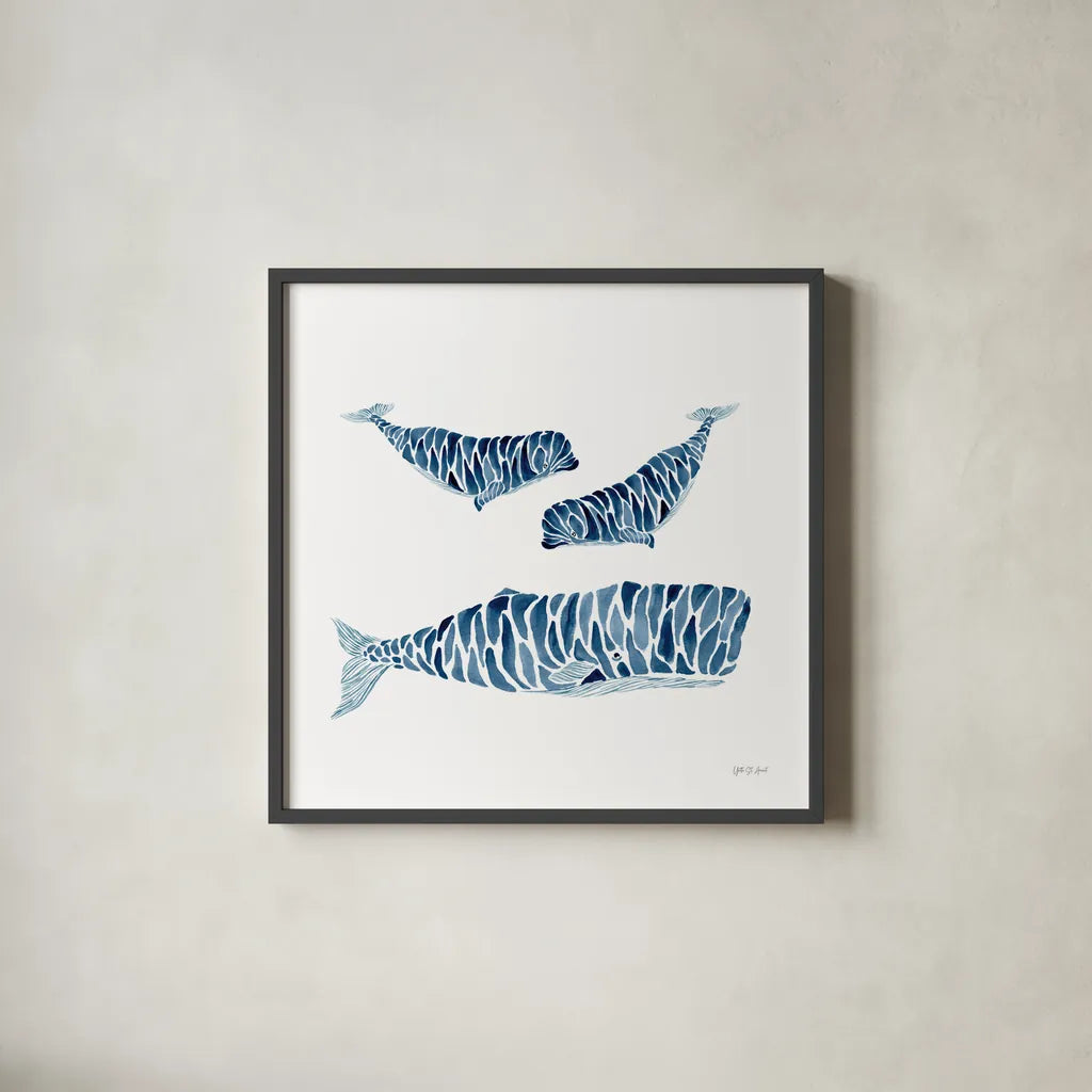 Three Whales by Yvette St. Amant. Shown in a sleek black glass frame for a contemporary gallery look. Available as an archival giclee rolled canvas, fine art paper, or poster print. SKU 90118a.